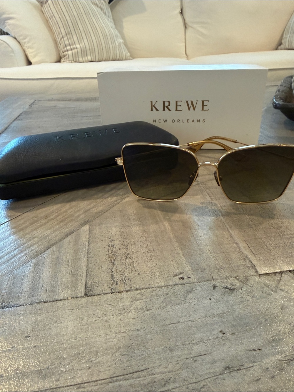 KREWE Gold Frame Sunglasses with Dark Green Lenses